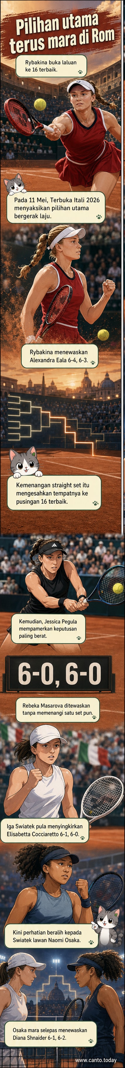Gambar aksi tenis di lapangan tanah liat dengan pemain wanita memukul bola, latar belakang penonton penuh dan bendera Itali berkibar.
