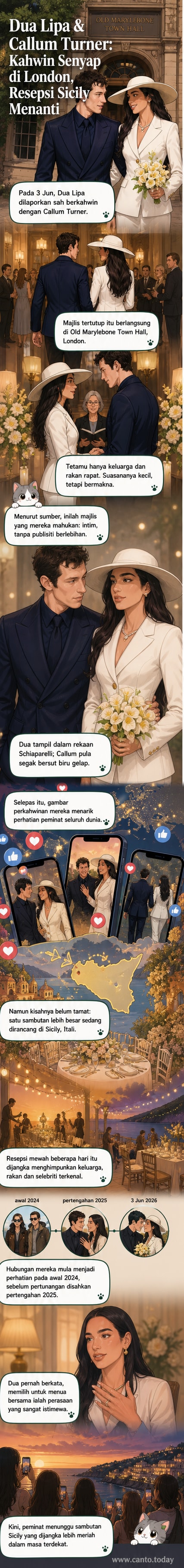 Ilustrasi pasangan Dua Lipa dan Callum Turner berdiri sebagai suami isteri dalam majlis perkahwinan intim di London, dengan latar belakang gereja Old Marylebone Town Hall.