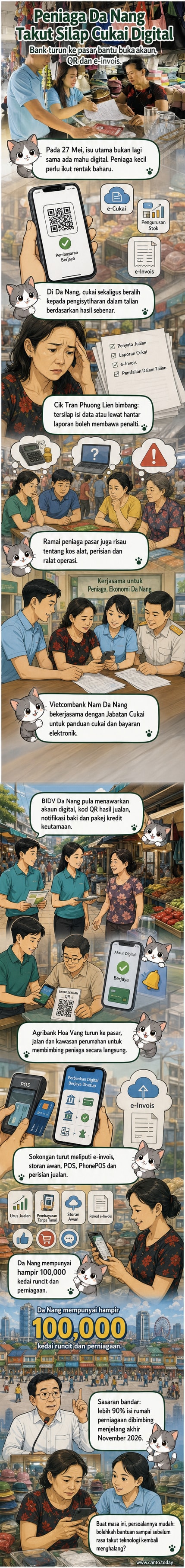 Seorang kakitangan bank membimbing pedagang pasar cara menggunakan kod QR untuk pembayaran digital di Da Nang.