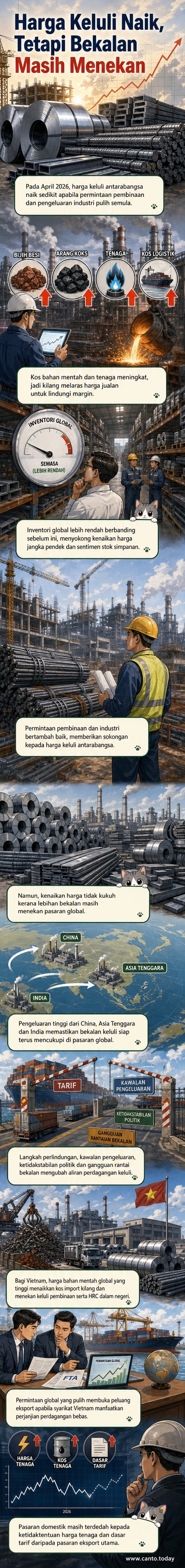 Grafik menunjukkan harga keluli global sedikit meningkat pada April 2026, dengan latar belakang projek pembinaan dan trak mengangkut bar keluli.