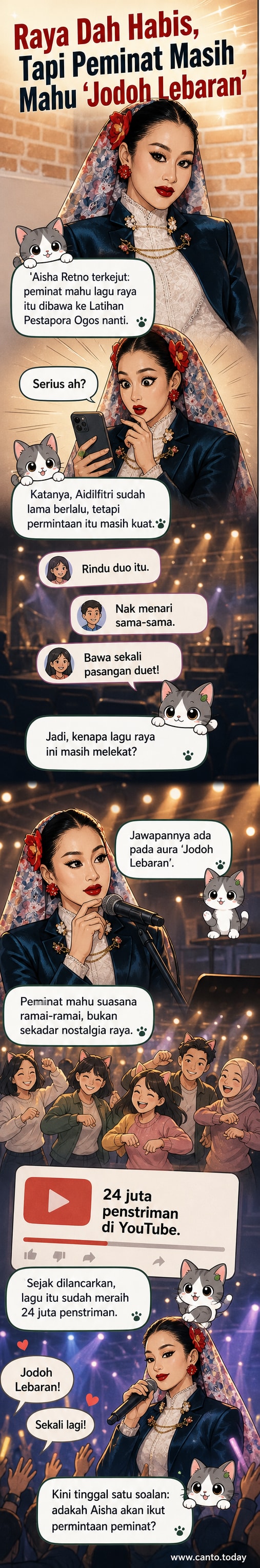 Aisha Retno tersenyum sambil melihat telefon yang memaparkan komen peminat meminta lagu 'Jodoh Lebaran', dengan ilustrasi tarian kucing di latar belakang.