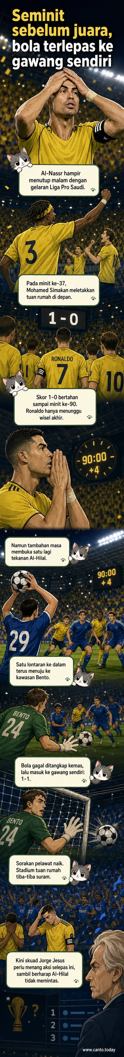 Pemain Al-Nassr terduduk kecewa selepas gol penyamaan Al-Hilal pada minit akhir, dengan penjaga gol Bento berdiri terpaku di gawang.