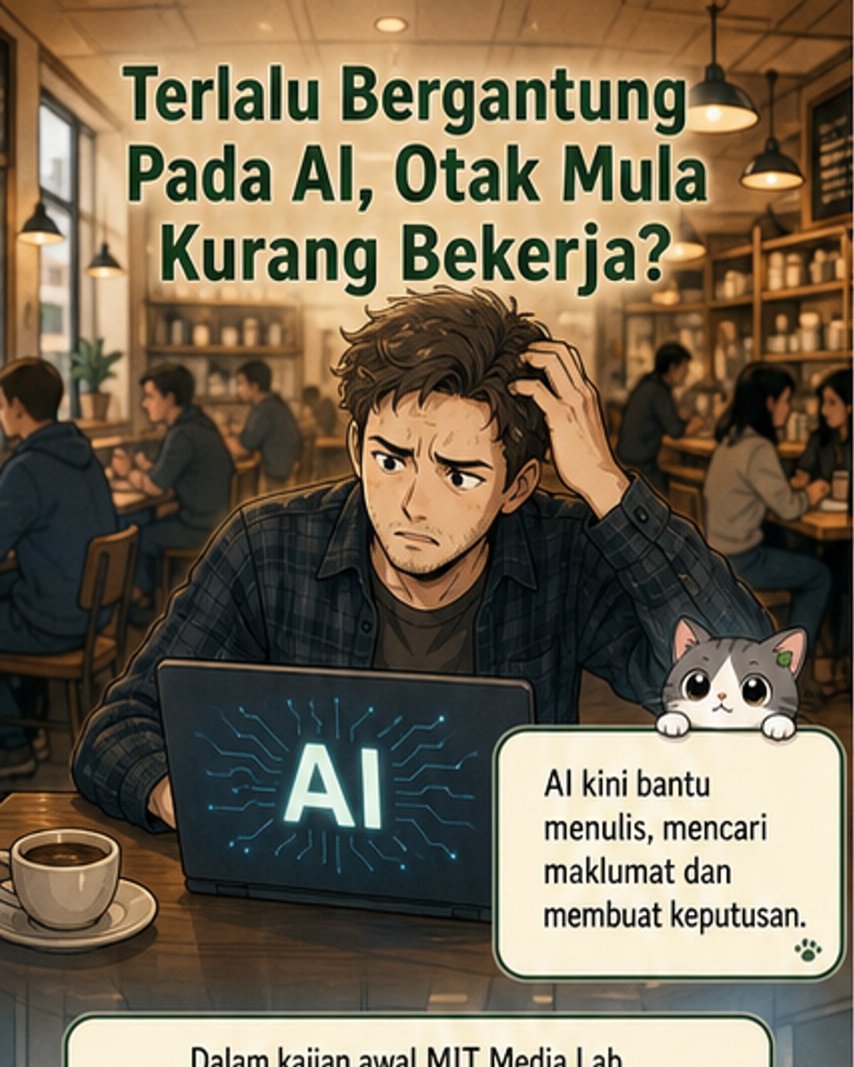Ilustrasi otak manusia dengan bahagian yang menyala menunjukkan aktiviti rendah akibat penggunaan AI berlebihan, berbanding otak aktif pada pengguna tanpa bantuan teknologi.