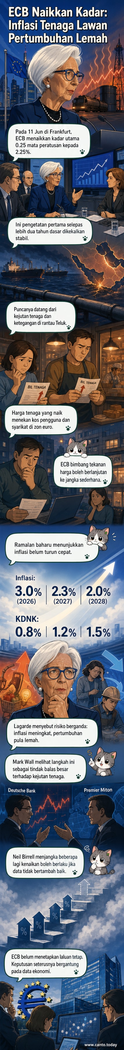 Ilustrasi mesyuarat Majlis Pentadbiran Bank Pusat Eropah di Frankfurt dengan graf kadar faedah dan harga tenaga meningkat.