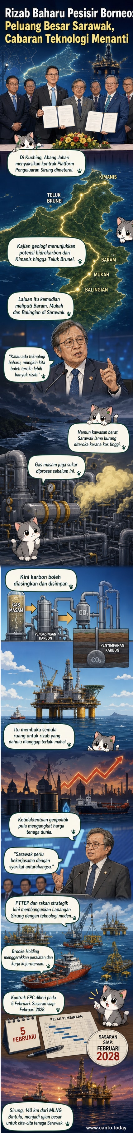 Gambar Premier Sarawak Abang Johari menyaksikan penandatangan kontrak pembangunan platform pengeluaran minyak dan gas di Kuching, dengan latar belakang peta kawasan pesisir Borneo yang menunjukkan lokasi rizab potensi.