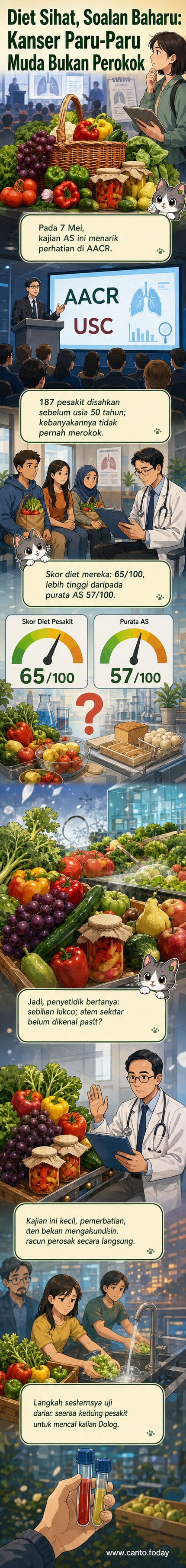 Ilustrasi seorang remaja muda memegang mangkuk salad buah dan sayur, dengan tanda soal besar di latar belakang, mewakili kaitan yang tidak dijangka antara diet sihat dan kanser paru-paru.