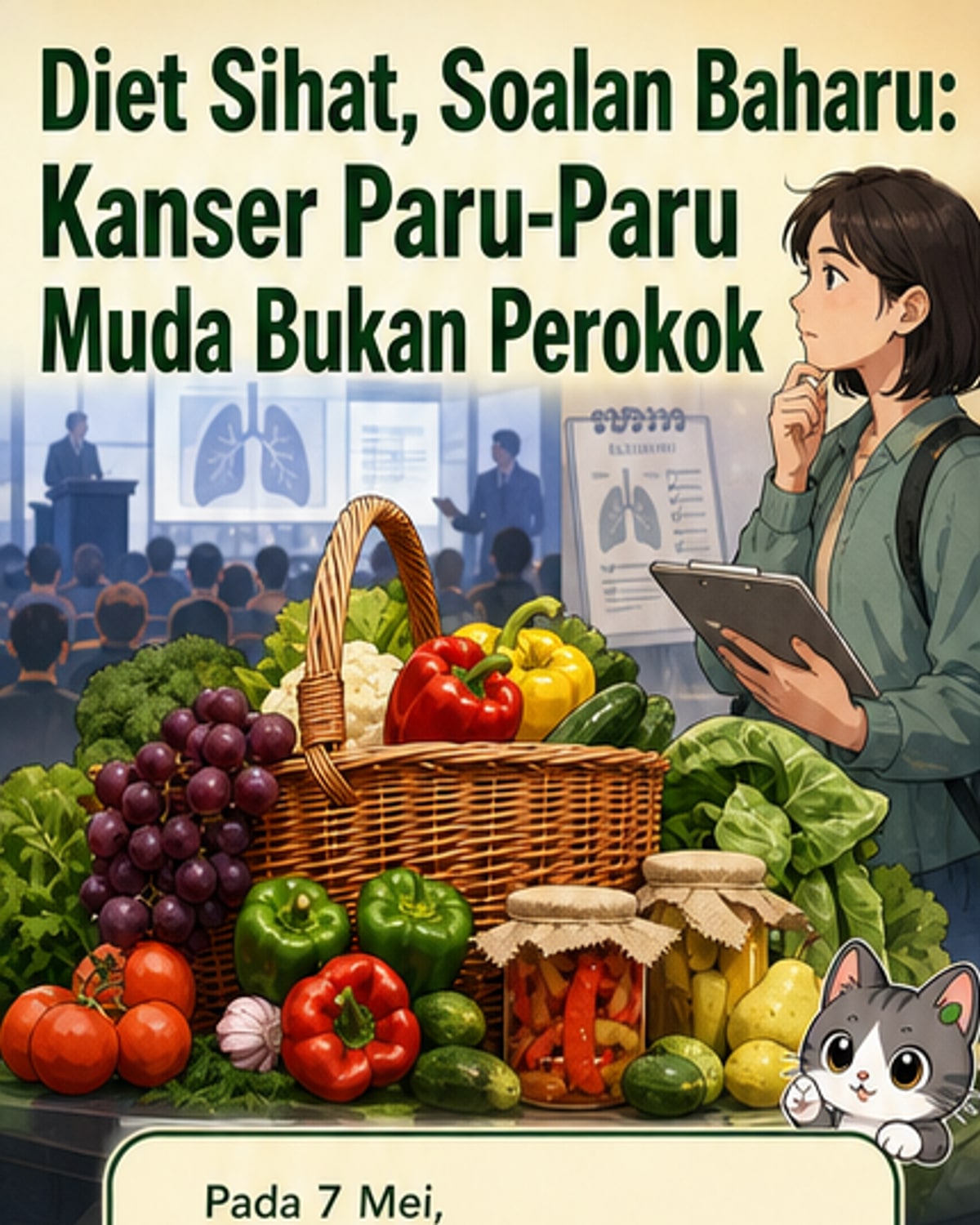 Ilustrasi seorang remaja muda memegang mangkuk salad buah dan sayur, dengan tanda soal besar di latar belakang, mewakili kaitan yang tidak dijangka antara diet sihat dan kanser paru-paru.