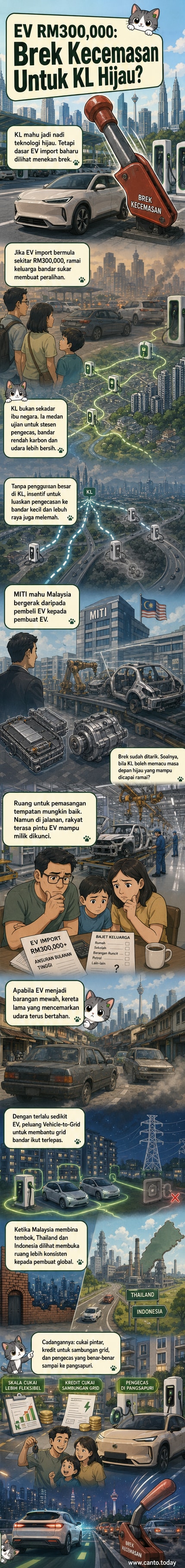 Ilustrasi kota Kuala Lumpur dengan kenderaan elektrik di jalan raya, namun tanda harga besar RM300,000 menghalang akses penduduk biasa, melambangkan dasar yang menghalang kemajuan hijau.