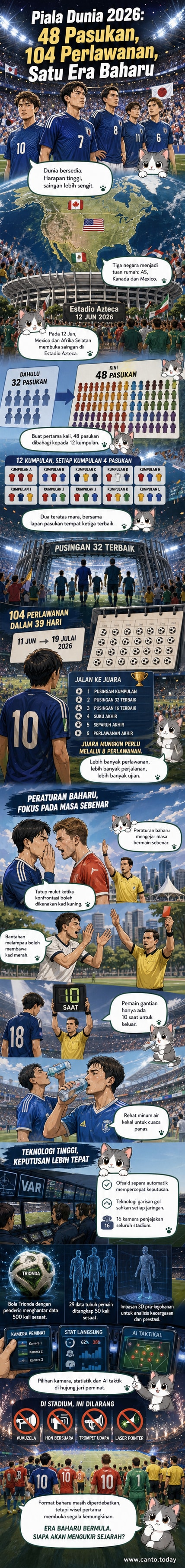 Lakaran ilustrasi Piala Dunia 2026 dengan bola bercahaya, tiga bendera tuan rumah (Amerika Syarikat, Kanada, Mexico), dan pemain menggunakan teknologi VAR di latar belakang.