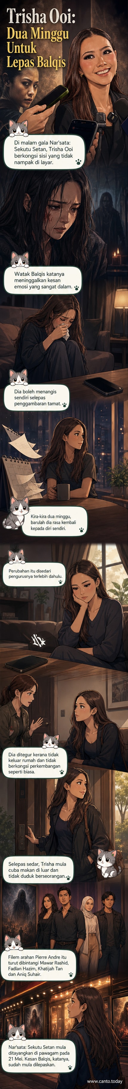 Pelakon Trisha Ooi memegang poster filem Nar’sata: Sekutu Setan, wajahnya menunjukkan ekspresi emosi mendalam selepas memainkan watak Balqis.