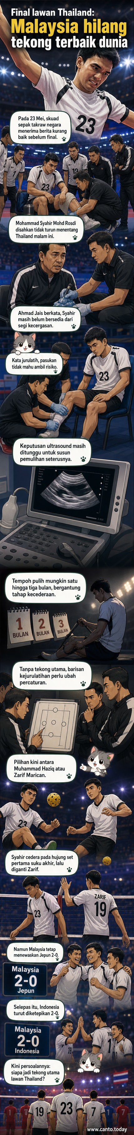 Pemain sepak takraw Malaysia, Mohammad Syahir, memegang lututnya dalam ketiadaan semasa perlawanan Piala Dunia, latar belakang pasukan dan penyokong.