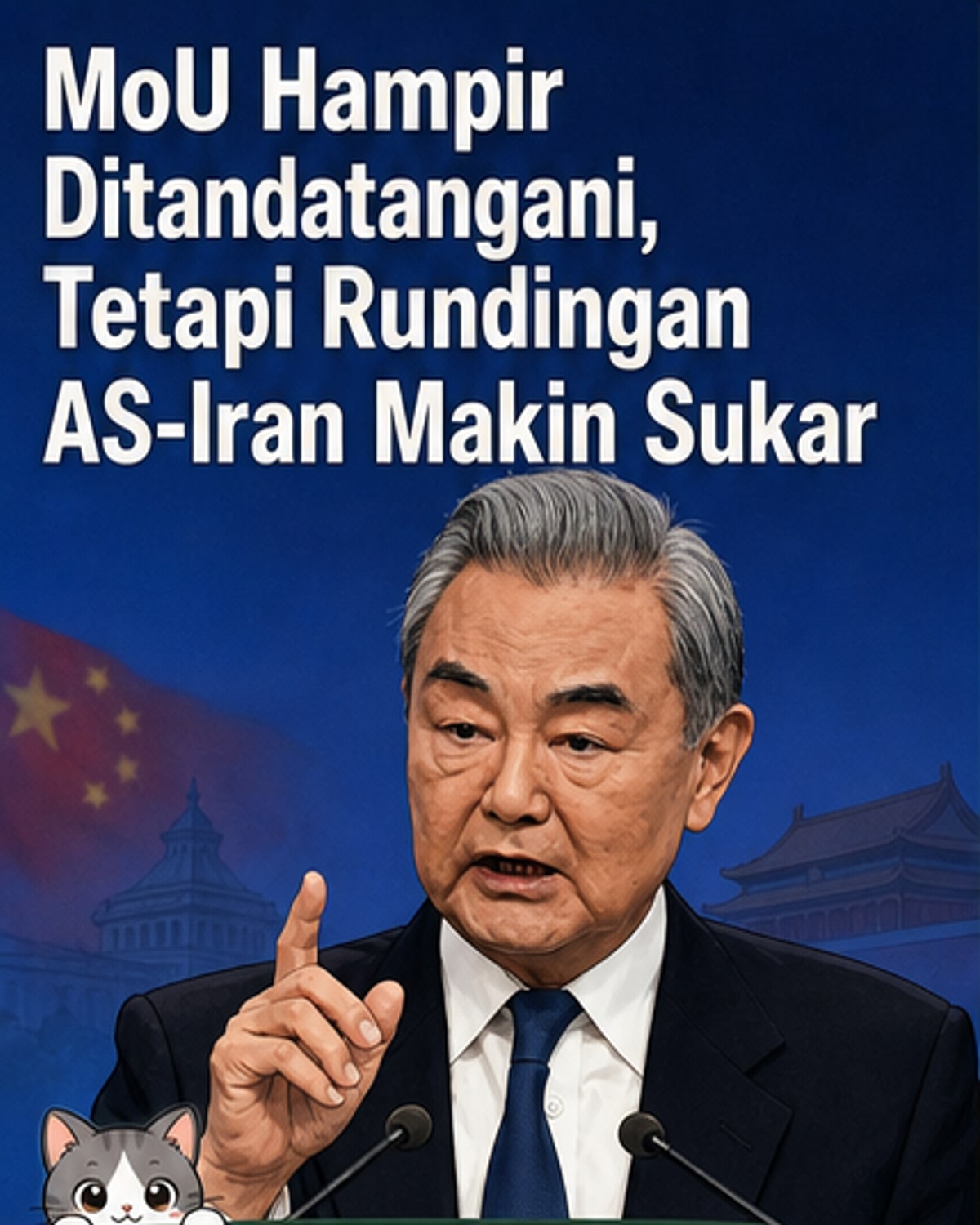 Ilustrasi dua pemimpin berunding di hadapan peta Timur Tengah dengan simbol kapal dan minyak di Selat Hormuz, latar belakang bendera China, AS, dan Iran.