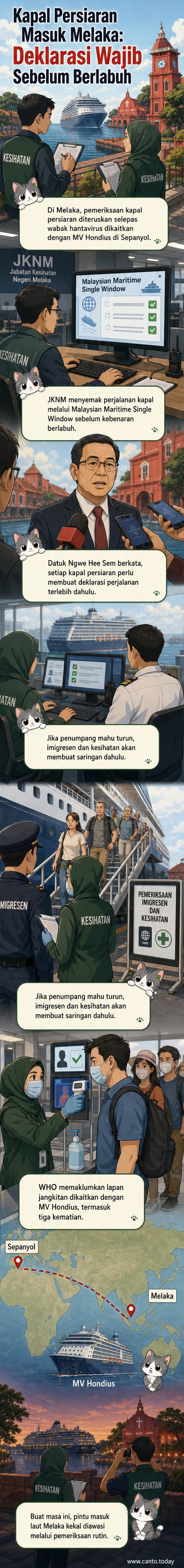 Ilustrasi kapal persiaran MV Hondius di pelabuhan dengan petugas kesihatan menjalankan pemeriksaan, latar belakang menunjukkan amaran wabak hantavirus.
