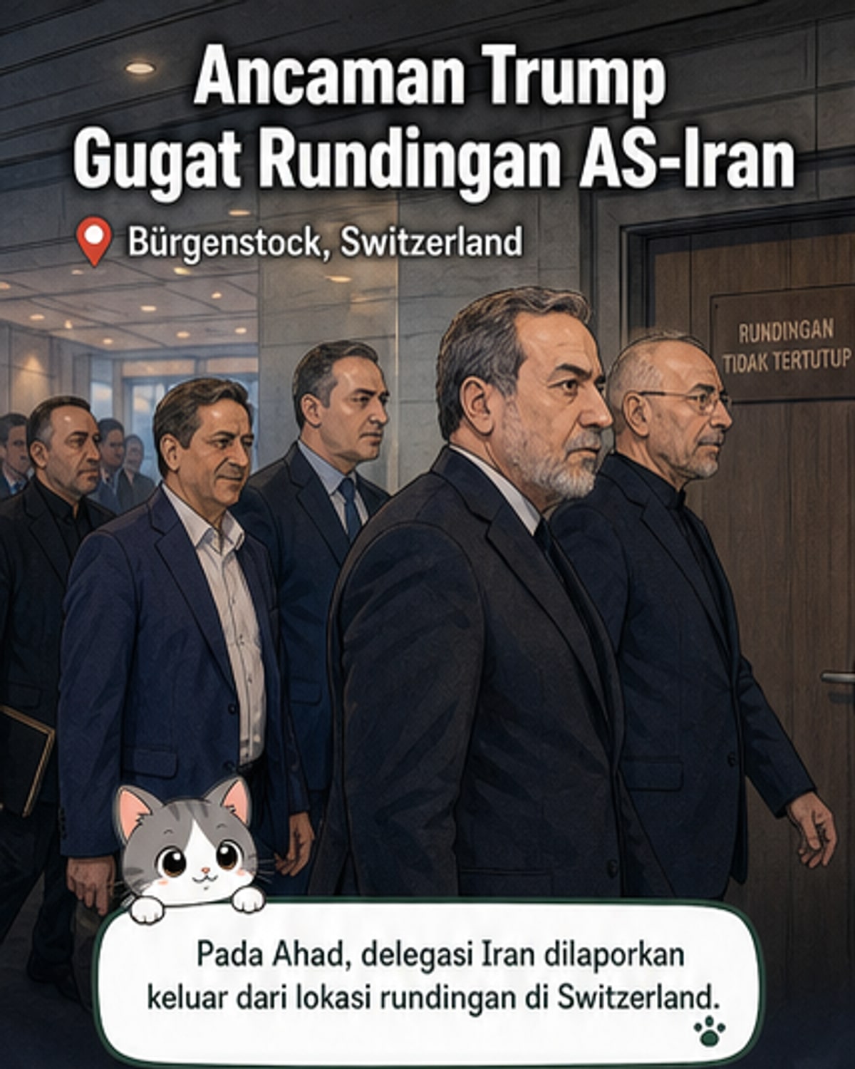 Ilustrasi delegasi Iran bangkit dari meja rundingan di Switzerland, dengan bayangan ancaman Trump dari skrin media sosial dan latar belakang konflik Lubnan.