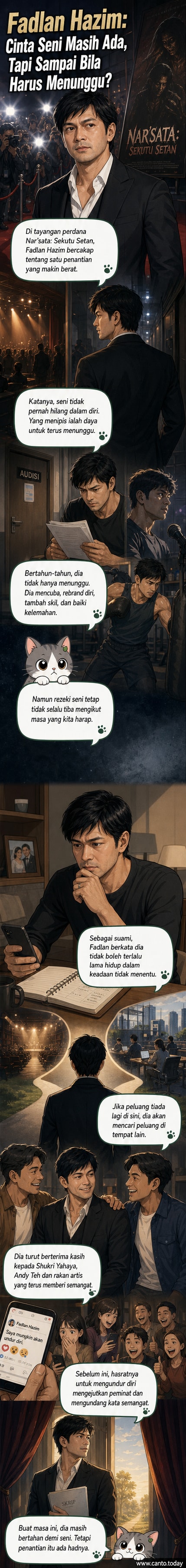 Pelakon Fadlan Hazim berdiri di karpet merah tayangan perdana filem, memakai sut hitam dengan senyuman tenang.