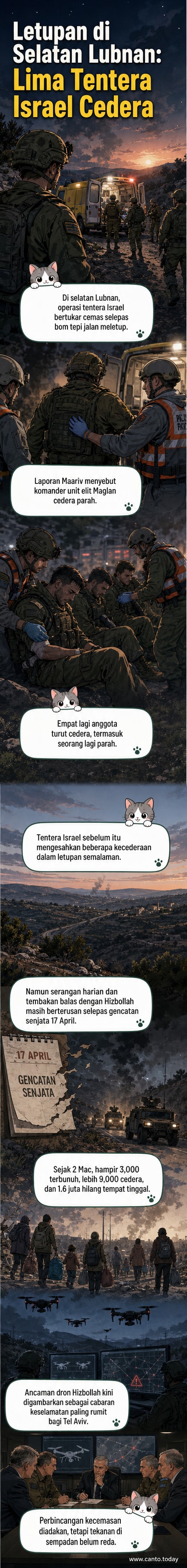 Ilustrasi kawasan konflik di selatan Lubnan dengan tentera Israel dan letupan bom tepi jalan, latar belakang asap dan kawasan pergunungan
