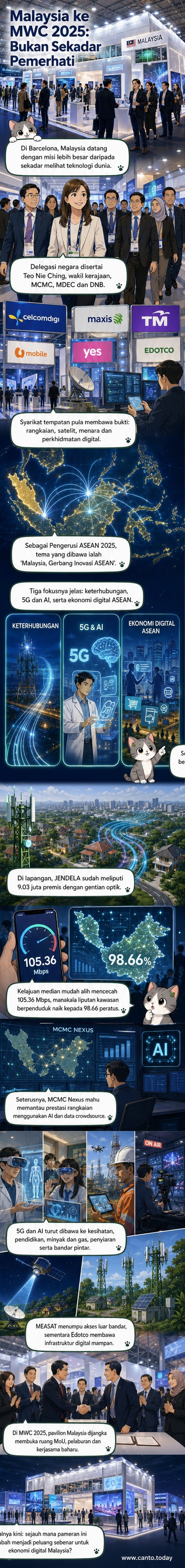 Ilustrasi pavilion Malaysia di MWC2025 dengan paparan teknologi 5G, AI, dan AR/VR, dikelilingi wakil industri dan kerajaan tempatan.