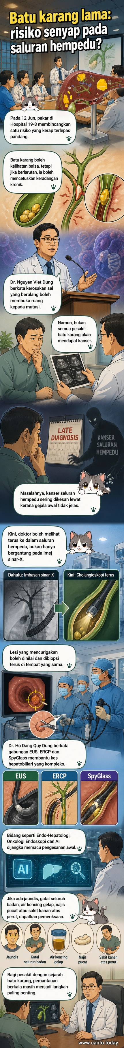 Ilustrasi doktor menjelaskan imej saluran hempedu dengan batu karang dan kawasan yang disyaki kanser, disertai peranti endoskopi moden.
