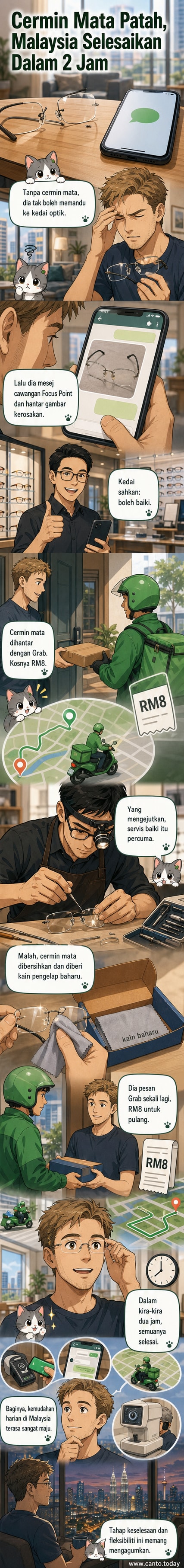 Ilustrasi seorang lelaki di rumah menghantar cermin mata patah melalui kurier Grab, sambil telefon bimbit menunjukkan hantaran WhatsApp ke kedai optik.