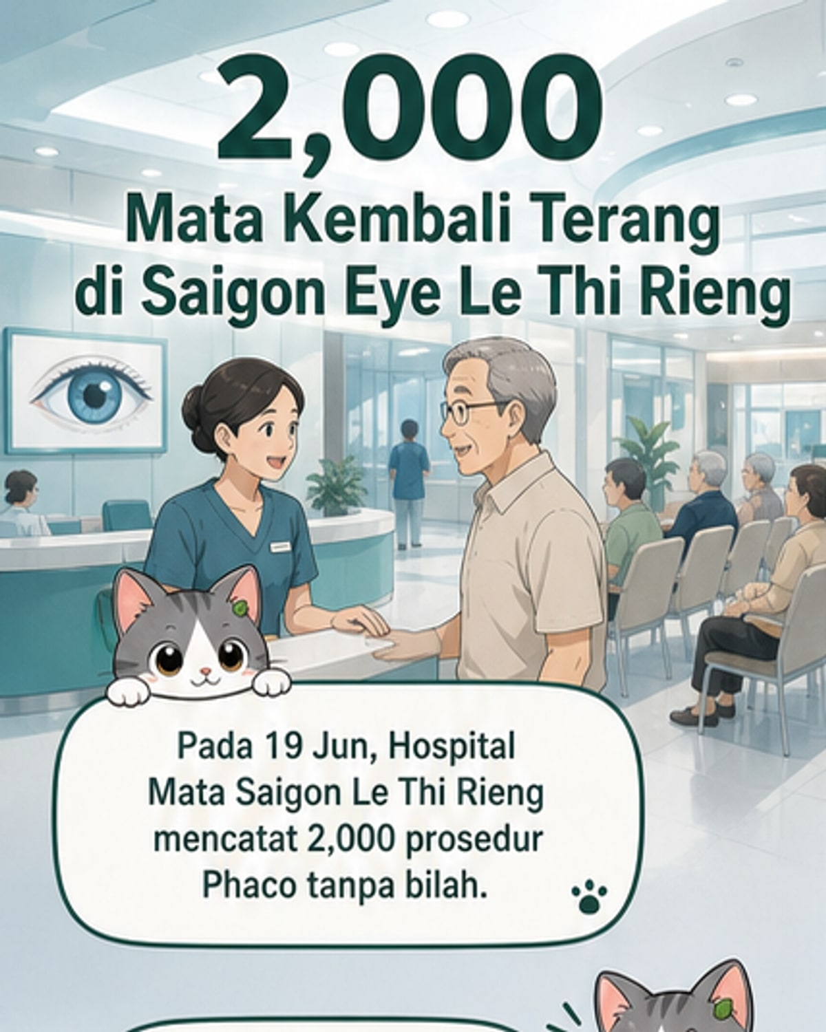 Ilustrasi doktor menggunakan peralatan laser moden dalam pembedahan mata di bilik operasi bersih dan canggih.