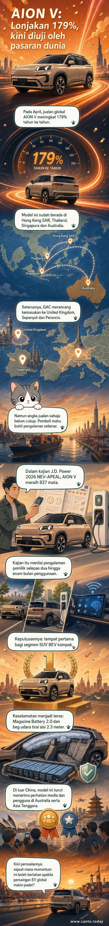 Ilustrasi SUV elektrik AION V dengan latar belakang jalan raya antarabangsa, menunjukkan lonjakan jualan dan anugerah keselamatan lima bintang.