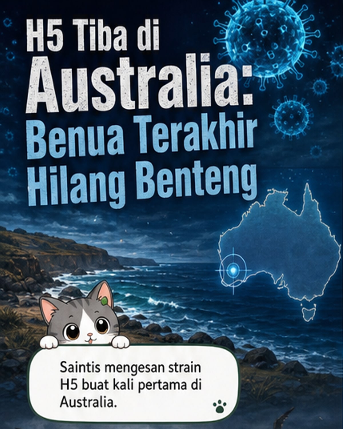 Ilustrasi seekor burung laut dengan latar belakang peta dunia menunjukkan penyebaran virus H5 ke seluruh benua, termasuk Australia.