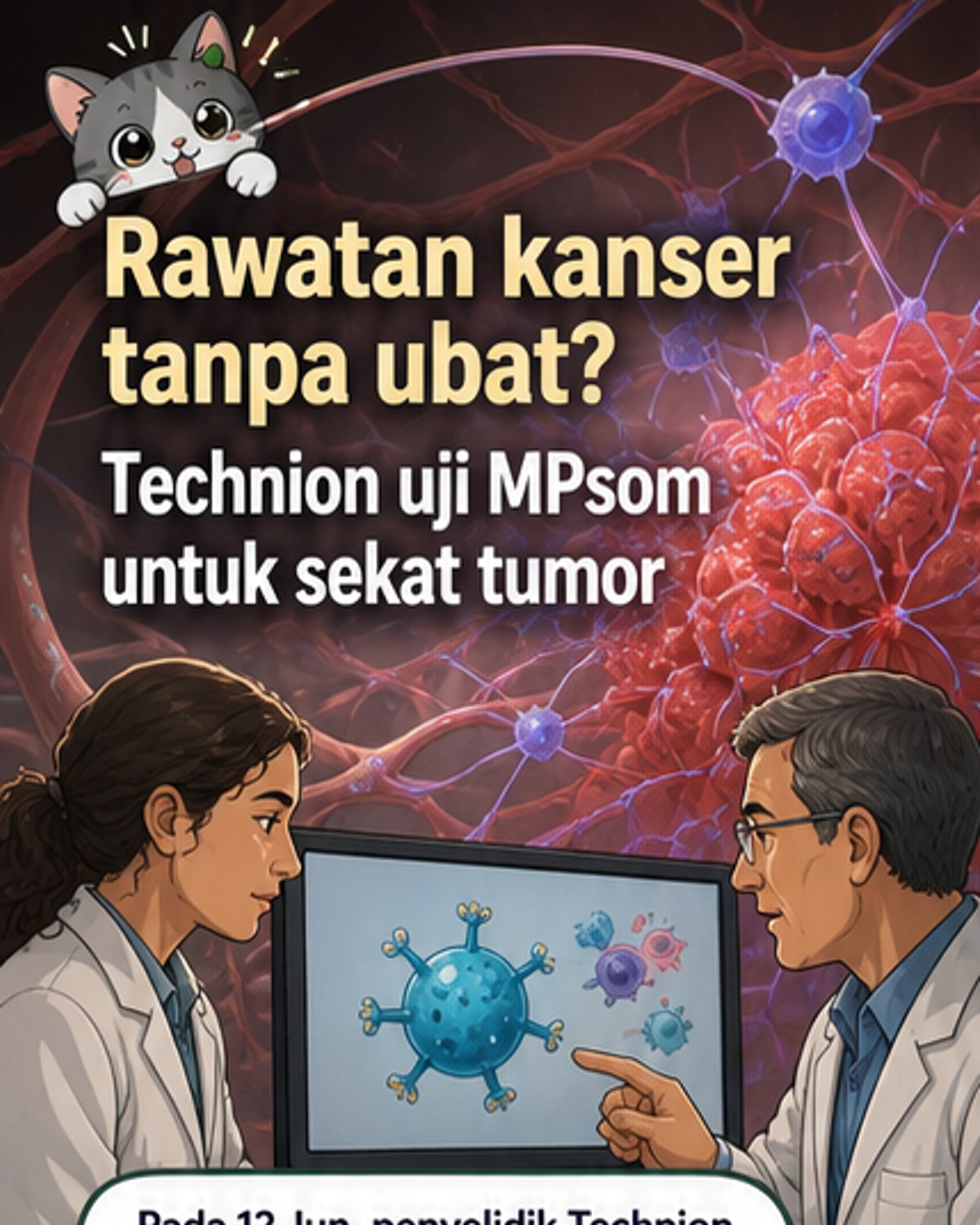 Ilustrasi nanopartikel (MPsom) yang meniru sel imun dan berkumpul di sekitar tumor untuk menghalang pertumbuhannya, dalam gaya visual webtoon sains.