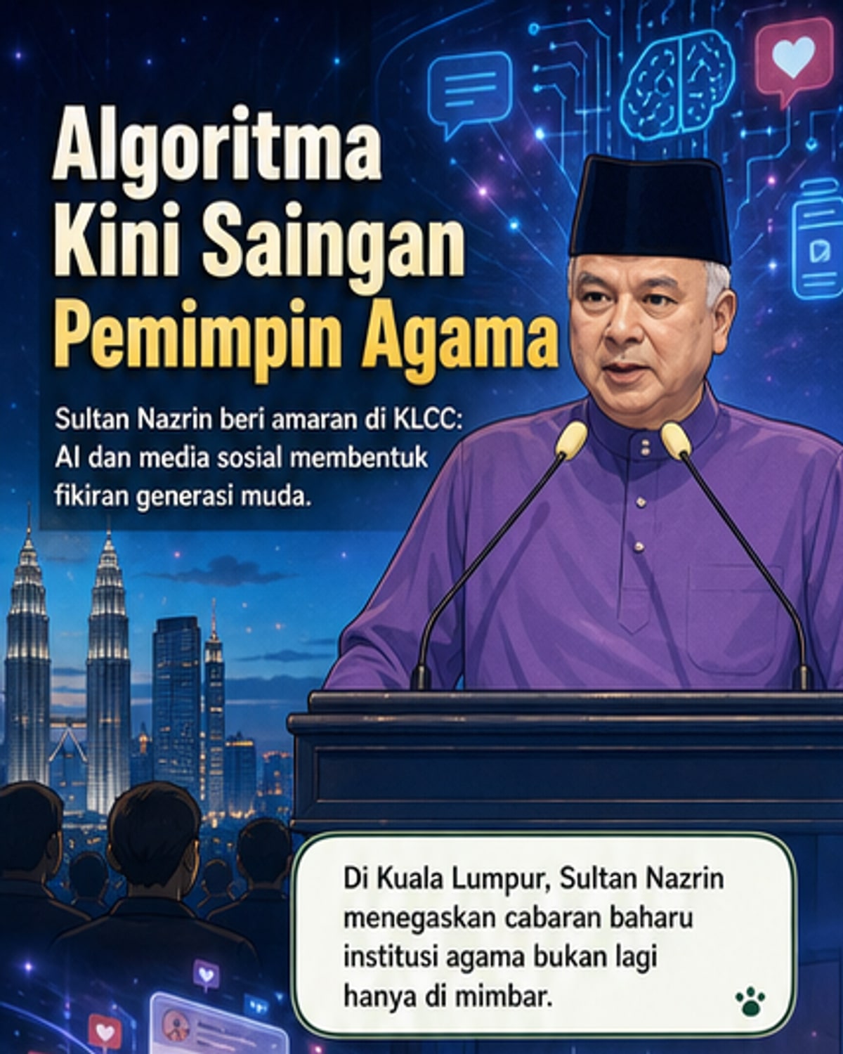 Ilustrasi algoritma digital mengatasi suara pemimpin agama tradisional, dengan generasi muda di tengah-tengah konflik pengaruh.
