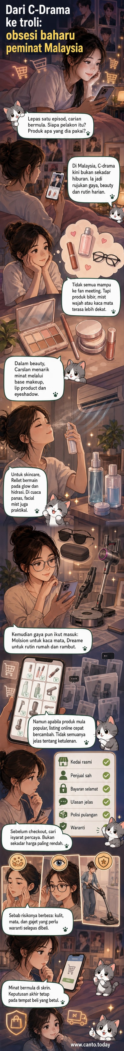Seorang peminat C-drama di Malaysia menonton telefon sambil memegang produk makeup dan kaca mata yang dipromosikan oleh bintang kegemarannya
