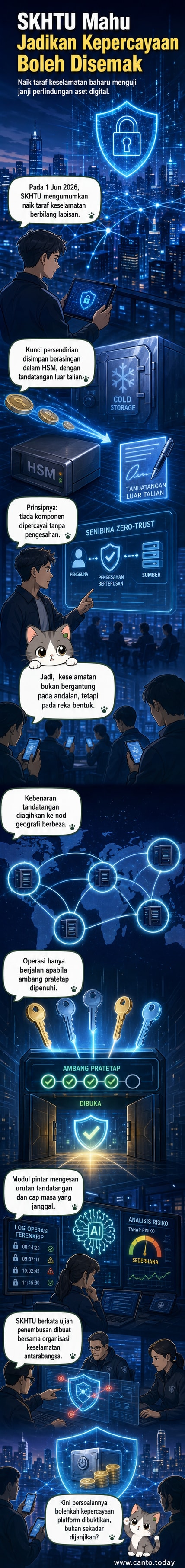 Ilustrasi sistem keselamatan berlapis SKHTU dengan storan sejuk, tandatangan berbilang, dan AI, disusun dalam bentuk rantaian perlindungan digital.
