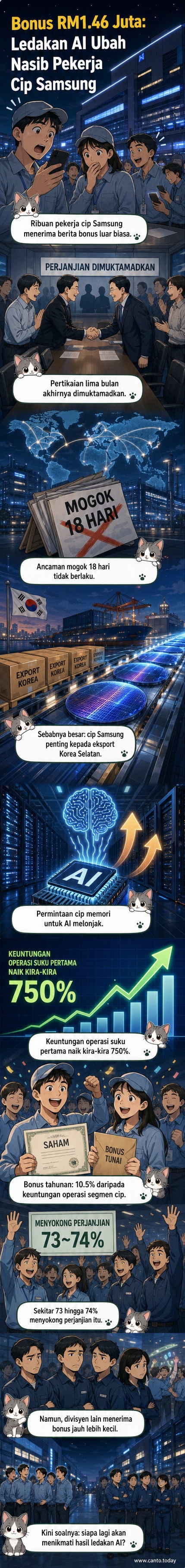 Ilustrasi pekerja Samsung menerima cek bonus besar dengan latar belakang cip memori dan simbol AI