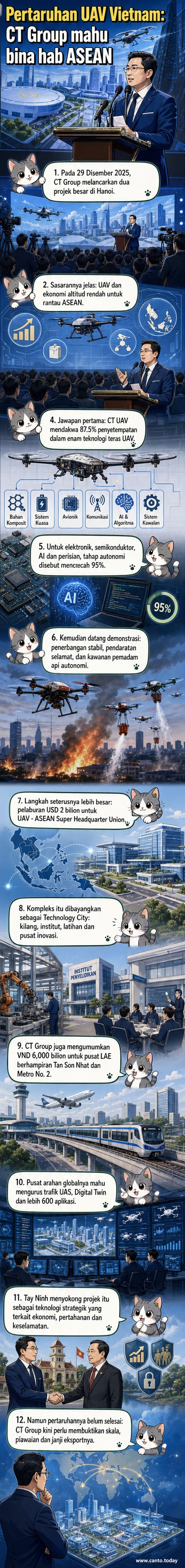 Gambar majlis pelancaran rasmi CT Group di Ho Guom Opera House, Hanoi, dengan wakil syarikat dan pegawai kerajaan hadir, menandakan pelancaran dua projek teknologi utama: UAV ASEAN Super Headquarter Union dan Pusat Ekonomi Altitud Rendah ASEAN.