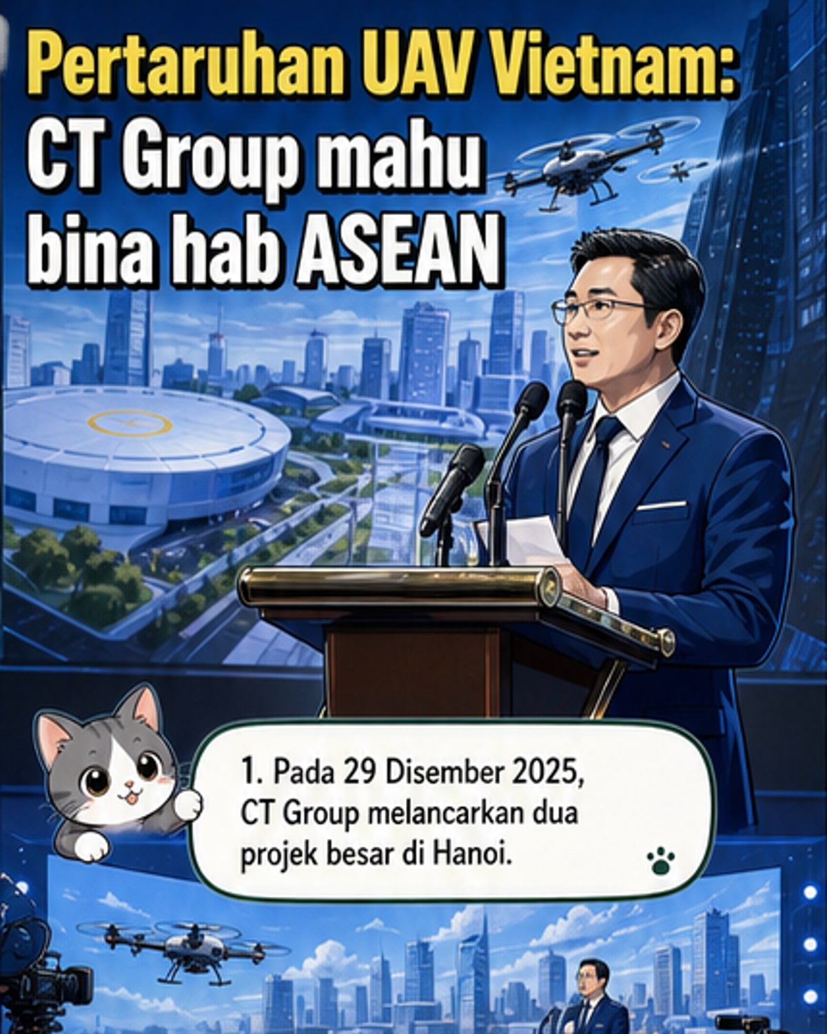 Gambar majlis pelancaran rasmi CT Group di Ho Guom Opera House, Hanoi, dengan wakil syarikat dan pegawai kerajaan hadir, menandakan pelancaran dua projek teknologi utama: UAV ASEAN Super Headquarter Union dan Pusat Ekonomi Altitud Rendah ASEAN.