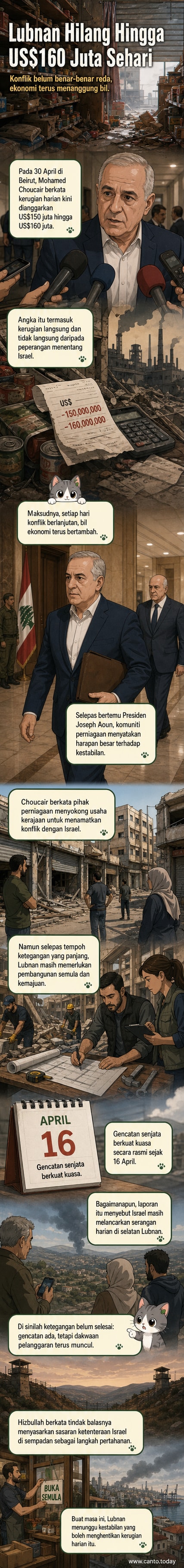 Peta sempadan selatan Lubnan dengan Israel, menunjukkan kawasan konflik dan aliran kerugian ekonomi harian akibat serangan berterusan.