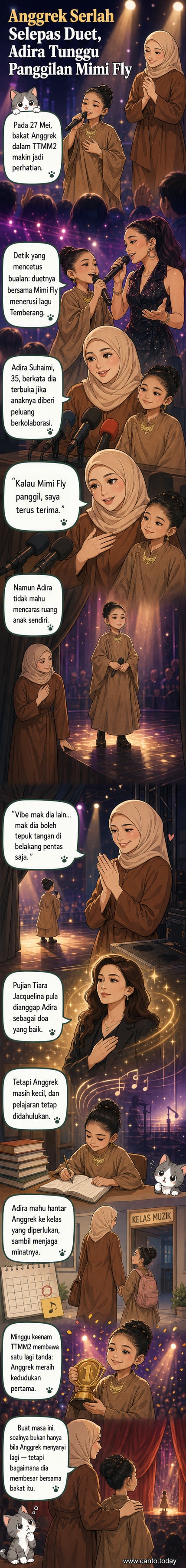 Gambar kecil kanak-kanak penyanyi Anggrek berdiri di sebelah Mimi Fly di pentas, dengan mikrofon di tangan, latar belakang pentas muzik bercahaya.
