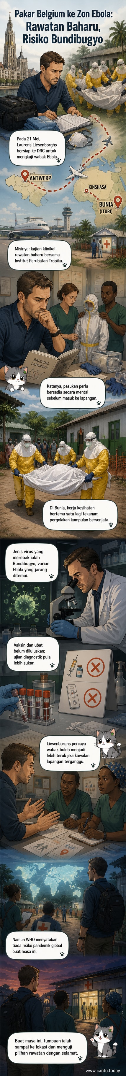 Ilustrasi doktor memakai pakaian keselamatan penuh sedang memeriksa pesakit di klinik lapangan di hutan Congo, latar belakang menunjukkan kawasan konflik bersenjata.