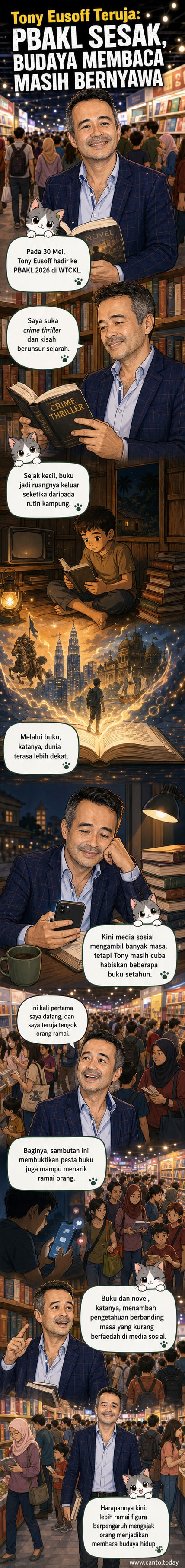 Pelakon Tony Eusoff berdiri di gerai Pesta Buku Antarabangsa Kuala Lumpur, memegang buku sambil tersenyum, latar belakang pengunjung ramai.