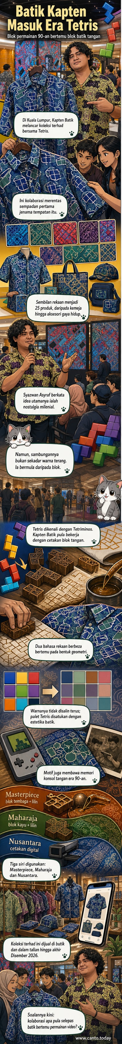 Poster promosi menunjukkan kemeja batik dengan corak blok Tetris, di samping aksesori seperti beg dan tumbler, dalam palet warna cerah retro.