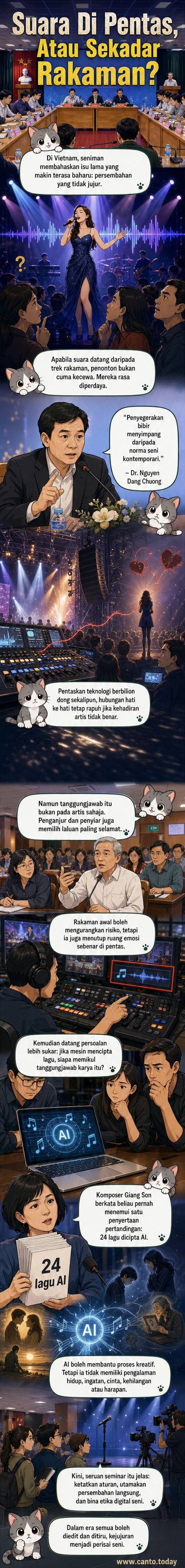 Ilustrasi seniman di atas pentas dengan bayang teknologi dan AI, melambangkan ketegangan antara keaslian dan digitalisasi dalam seni persembahan.
