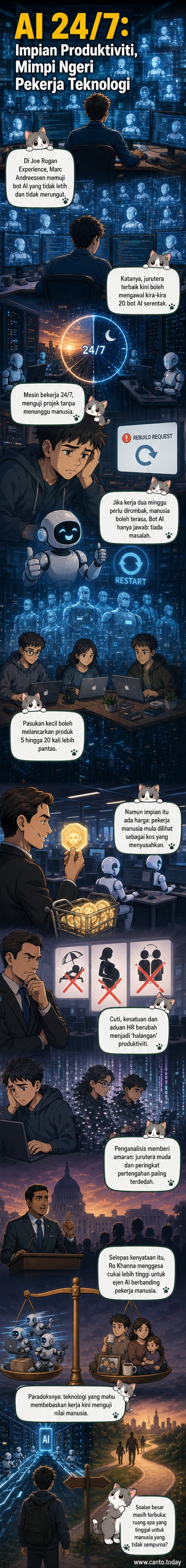 Ilustrasi perbandingan antara pekerja manusia yang letih dan bot AI yang menyala 24 jam, mewakili ketegangan antara tenaga kerja manusia dan automasi dalam industri teknologi.