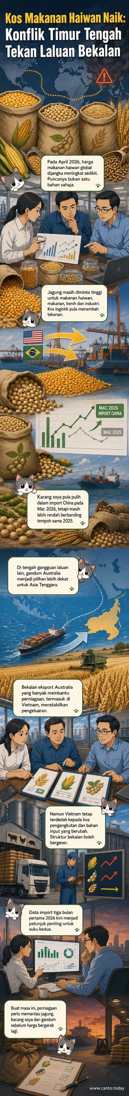 Grafik menunjukkan aliran eksport gandum Australia ke Asia Tenggara dengan latar belakang peta dunia menunjukkan tekanan harga akibat konflik Timur Tengah.
