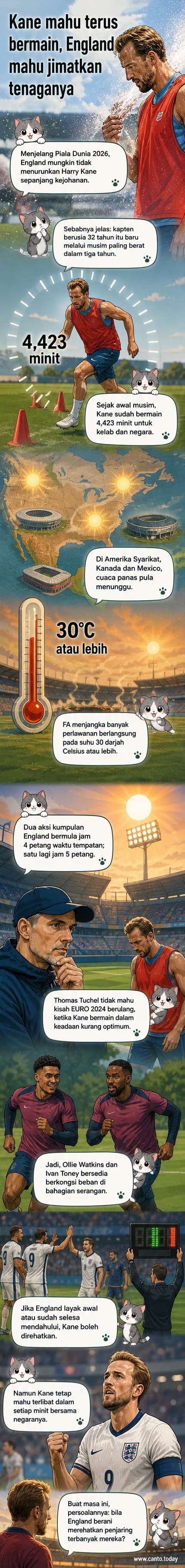 Harry Kane memakai jersi England, dikelilingi oleh suasana padang bola di bawah cuaca panas, dengan simbol matahari dan jam menunjukkan waktu petang.