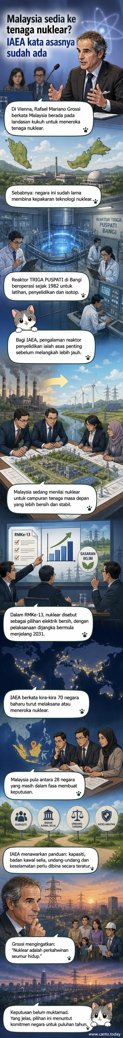 Ilustrasi reaktor nuklear moden dengan latar belakang peta Malaysia dan ikon tenaga bersih, mewakili aspirasi negara dalam tenaga nuklear.