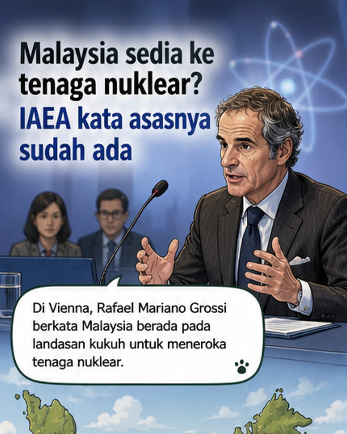 Ilustrasi reaktor nuklear moden dengan latar belakang peta Malaysia dan ikon tenaga bersih, mewakili aspirasi negara dalam tenaga nuklear.