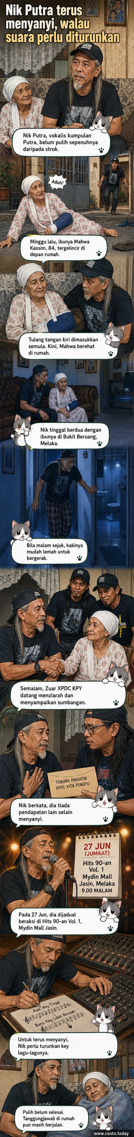Ilustrasi vokalis Nik Putra menyanyi di pentas kecil dengan mikrofon, latar belakang gambar ibunya di rumah dan notasi muzik dengan 'key' diturunkan.