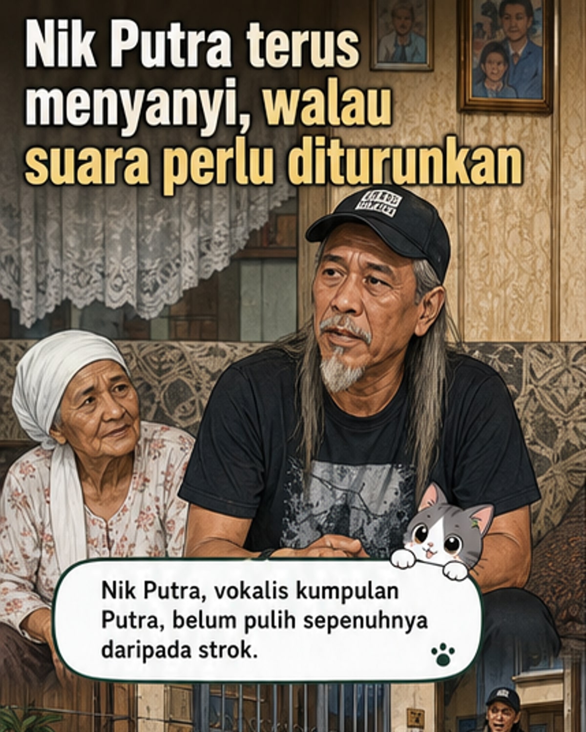 Ilustrasi vokalis Nik Putra menyanyi di pentas kecil dengan mikrofon, latar belakang gambar ibunya di rumah dan notasi muzik dengan 'key' diturunkan.