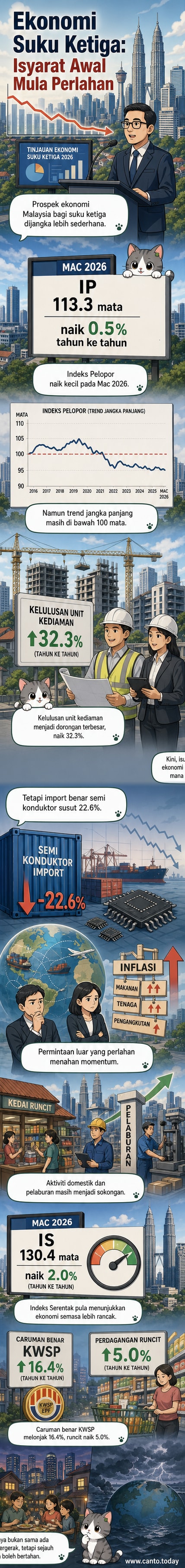 Grafik menunjukkan pertumbuhan Indeks Pelopor dan Indeks Serentak Malaysia pada Mac 2026, dengan komponen ekonomi seperti perumahan dan import semikonduktor.