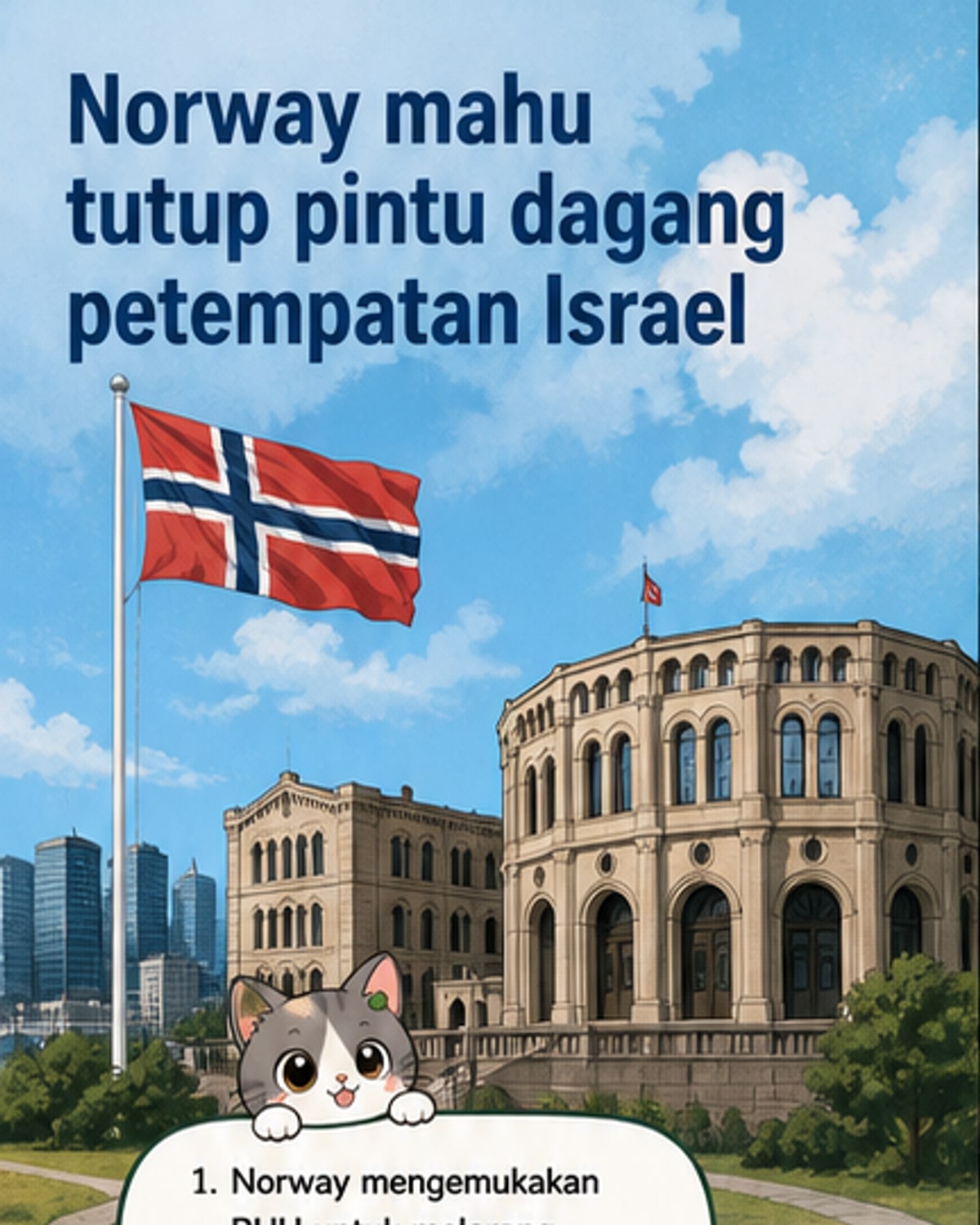 Ilustrasi webtoon menunjukkan bendera Norway menghalang trak pengangkutan barangan dari memasuki kawasan petempatan haram Israel di Tebing Barat, dengan latar belakang peta Palestin dan simbol larangan perdagangan.