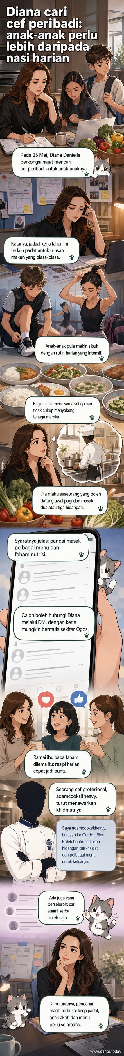 Pelakon Diana Danielle memegang telefon, di sebelahnya gambar anak-anak dan notis mencari cef peribadi dengan senarai menu sihat.