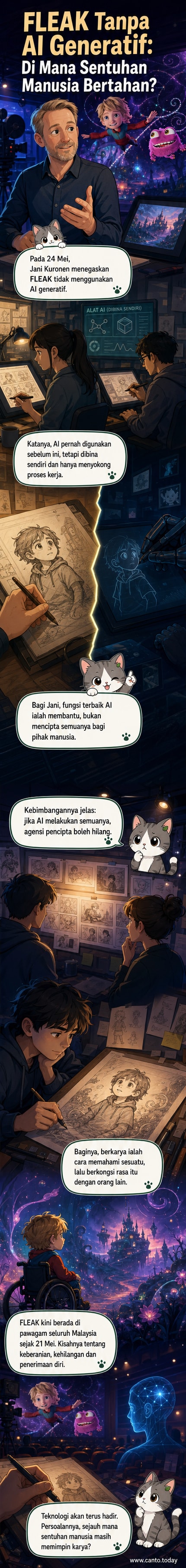 Poster filem animasi FLEAK dengan watak kanak-kanak berkebolehan istimewa di tengah dunia fantasi, dengan latar belakang warna-warni penuh keajaiban.